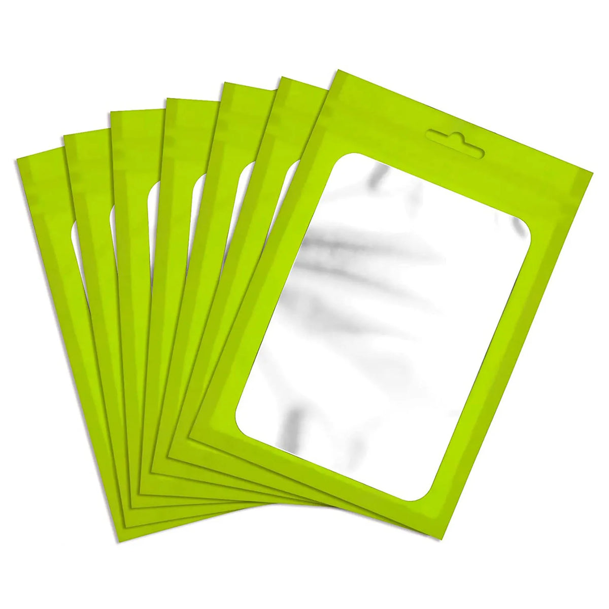 A stack of five bright lime green Mylar ziplock bags with clear windows for packaging.