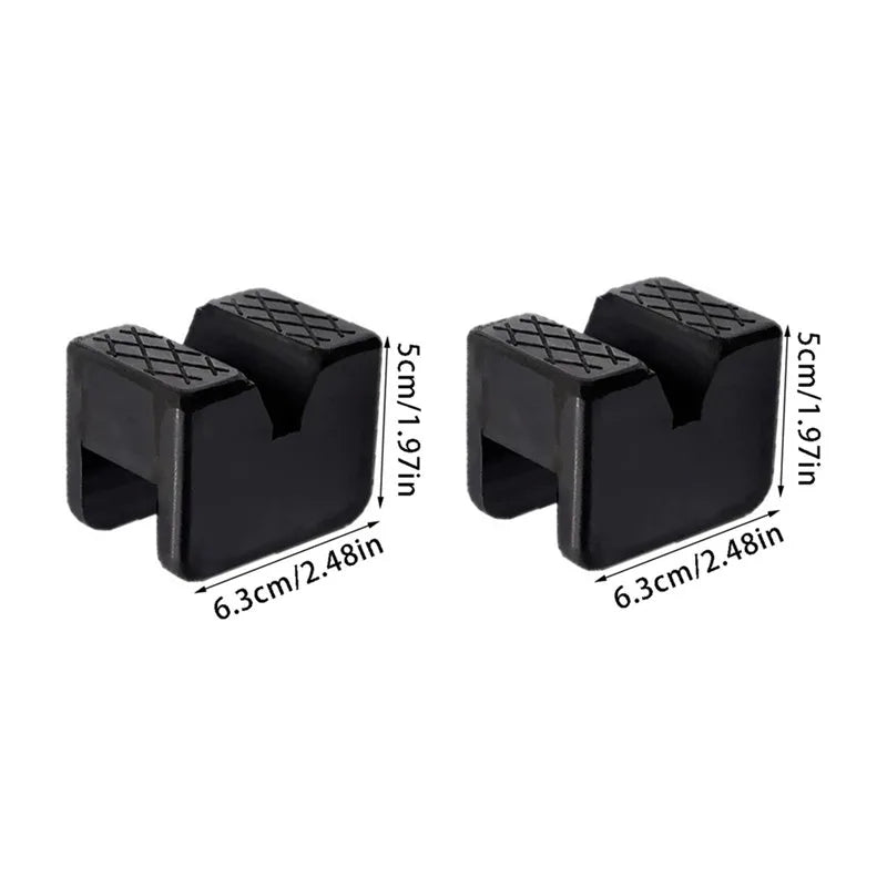 Black rubber pad for a universal car jack with a slotted frame rail adapter.