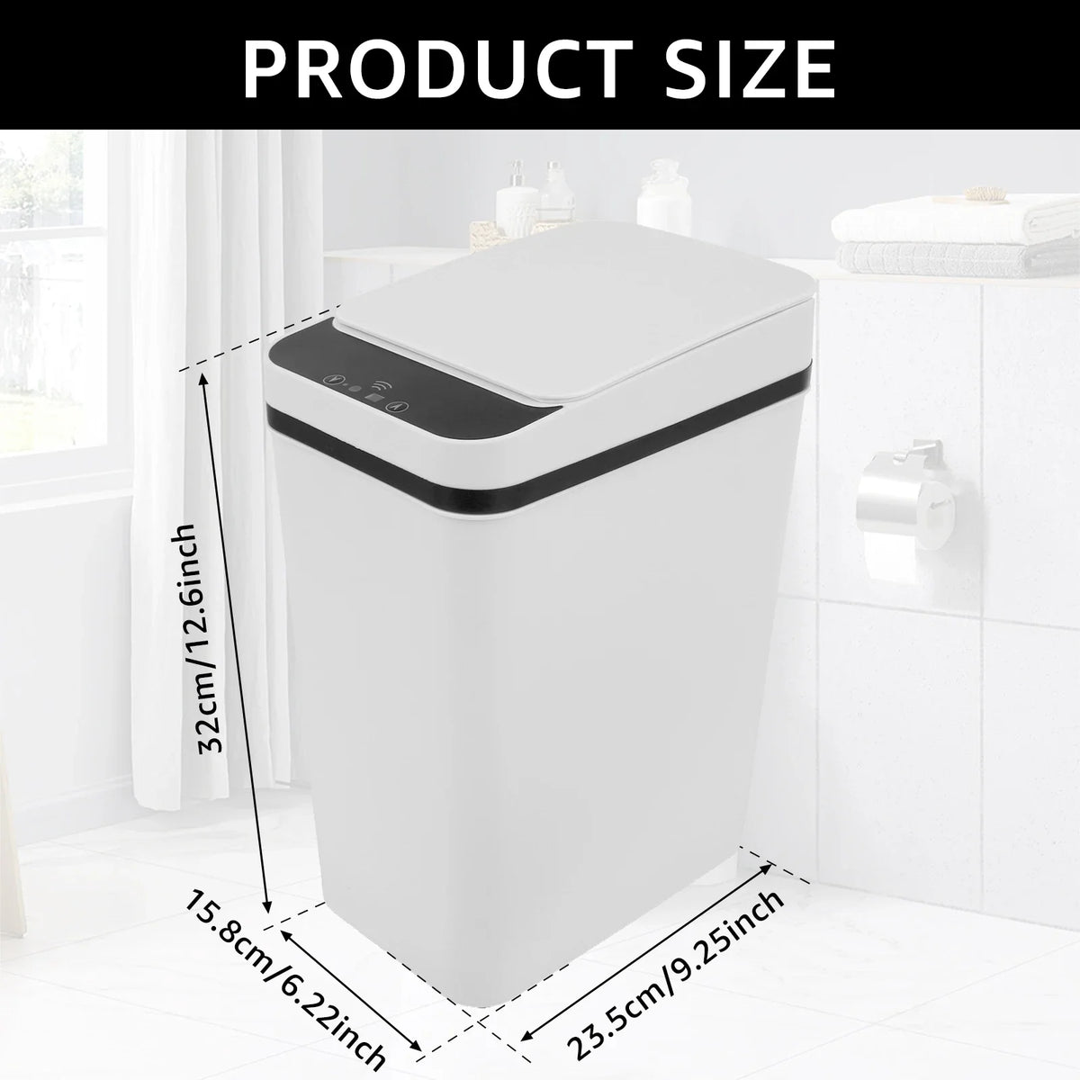 White 12L touchless infrared trash can shown with dimensions and context.