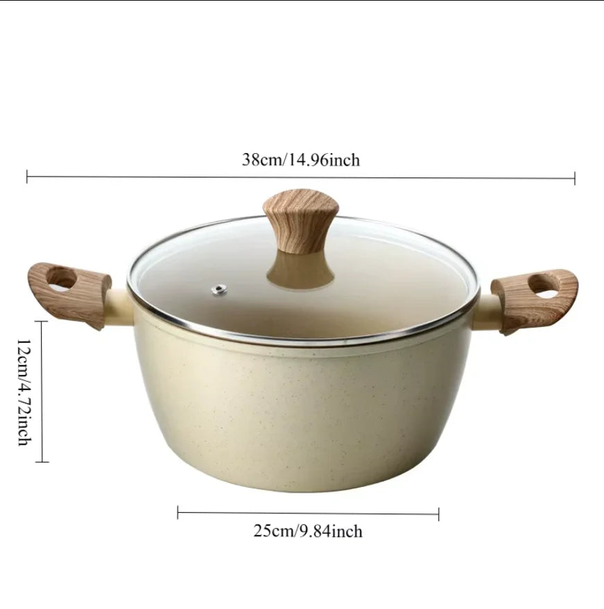 A light beige ceramic nonstick cookware set with a lid and wooden handles.