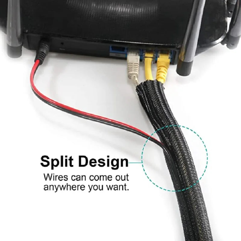 Expandable braided cable sleeve with split design showing wires coming out anywhere you want