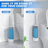 A white toilet brush set with a stand and a hanging option is shown next to a toilet.