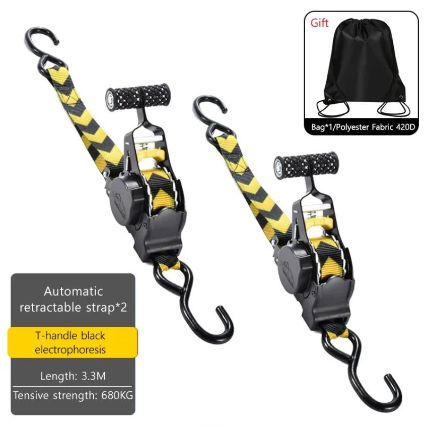 Black and yellow heavy duty retractable ratchet straps with T-handles for electrophoresis