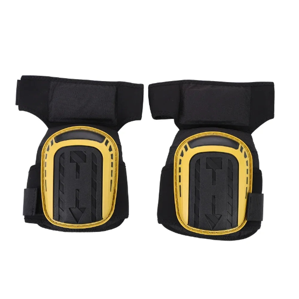 A pair of black heavy-duty gel knee pads with gold accents and adjustable straps.