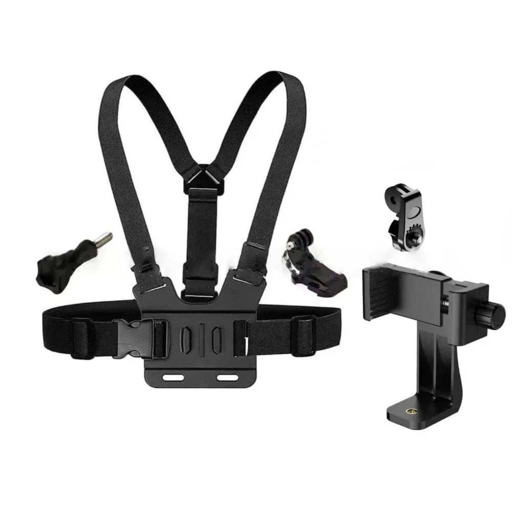 Black adjustable chest mount for smartphones with a secure strap and clip.