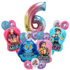 A set of pink and blue balloon decorations shaped like the number 6 and various character balloons for a music-themed birthda