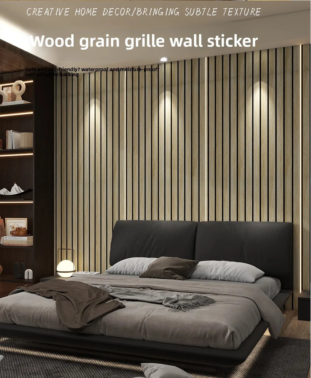 A close-up of a wood grain grille wall sticker used as decorative paneling in a modern bedroom setting.