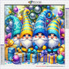 Kit de peinture de diamants avec quatre figurines de gnomes en tenue de fête hivernale colorée, entourés d'ornements et de ca