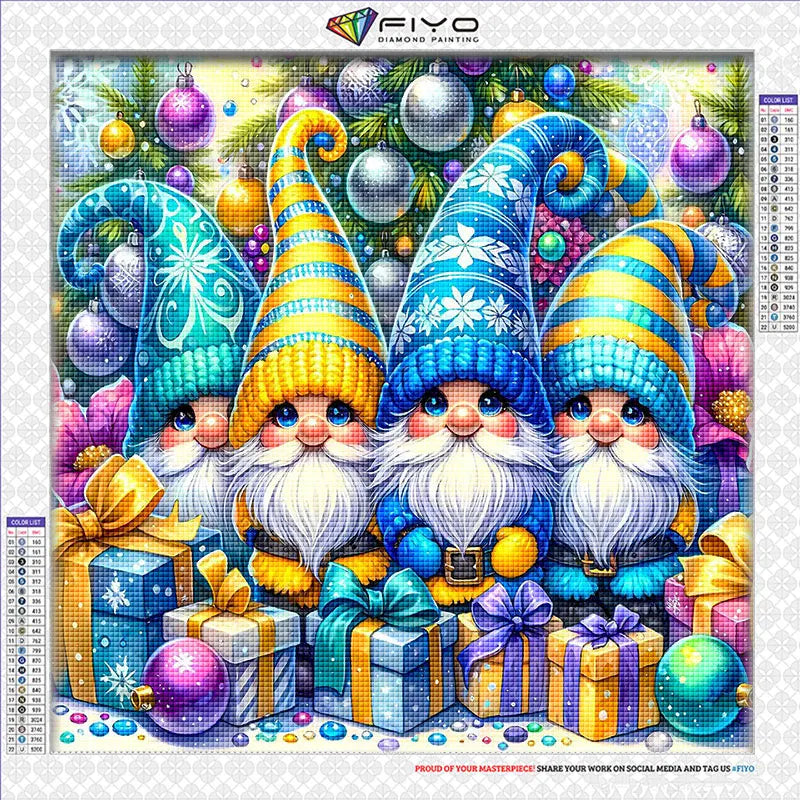 Kit de peinture de diamants avec quatre figurines de gnomes en tenue de fête hivernale colorée, entourés d'ornements et de ca