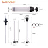 A white manual fluid transfer syringe pump with various dimensions shown for car oil extraction and brake bleeding.