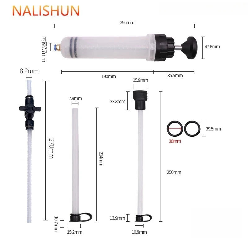 A white manual fluid transfer syringe pump with various dimensions shown for car oil extraction and brake bleeding.
