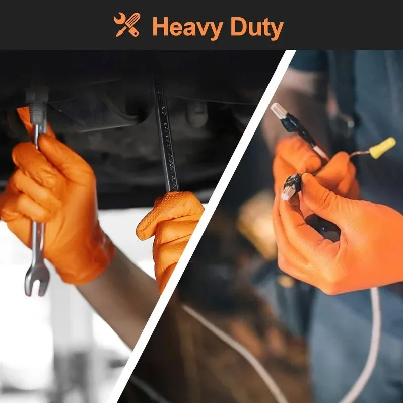 Orange nitrile work gloves with a diamond texture being used for heavy duty tasks.