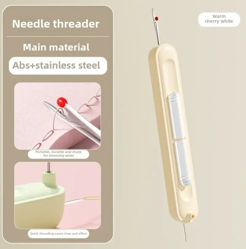 A beige needle threader tool with a sharp point and a plastic handle is shown next to a pink background.