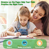 A mother and daughter practice handwriting on a book, demonstrating the benefits of grooves for form practice.