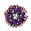A silver alloy battle spinning top with a purple gemstone and a black hexagonal centerpiece.