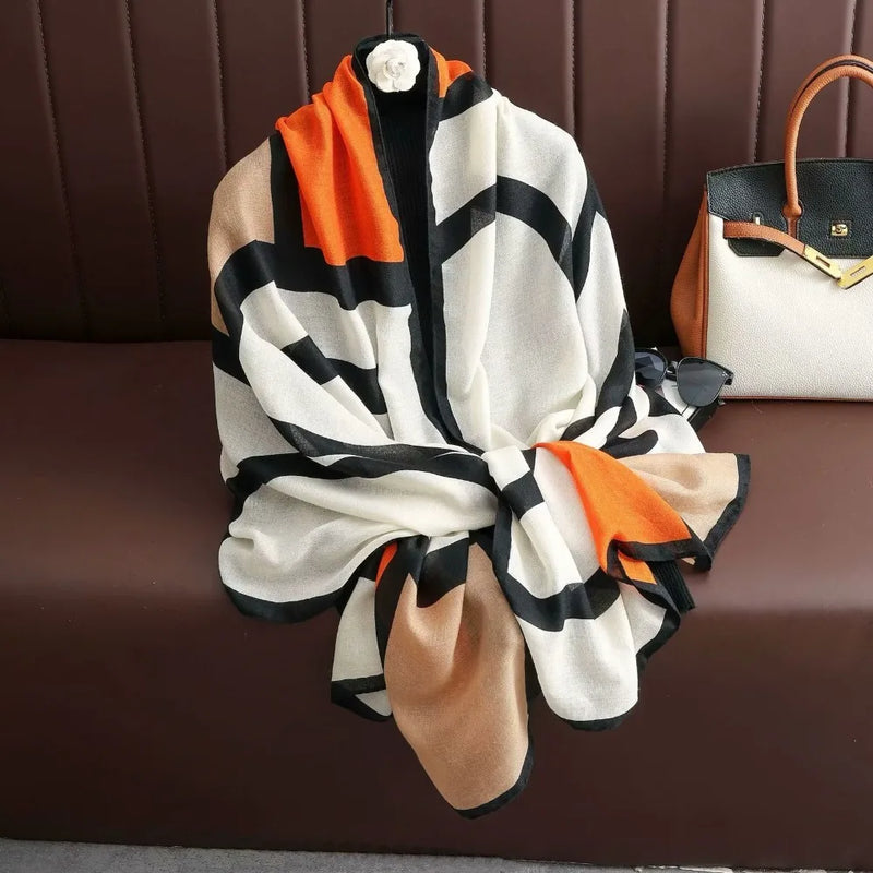 Large Color-Block Cotton-Linen Feel Scarf & Shawl