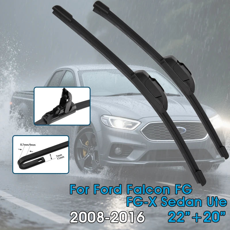 A pair of black front wiper blades for a Ford Falcon FG/FG-X sedan ute, showing the blade and mounting mechanism.