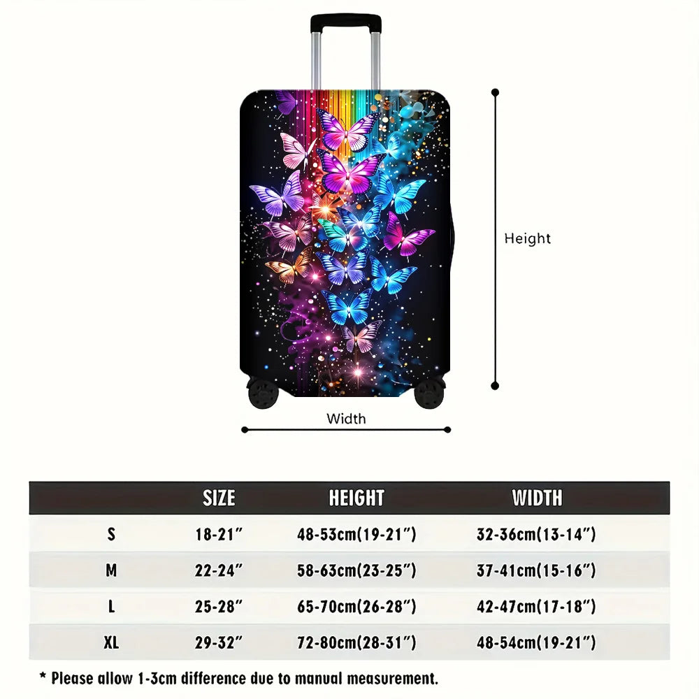 Iridescent butterfly print luggage cover featuring vibrant colors and sparkling effects.