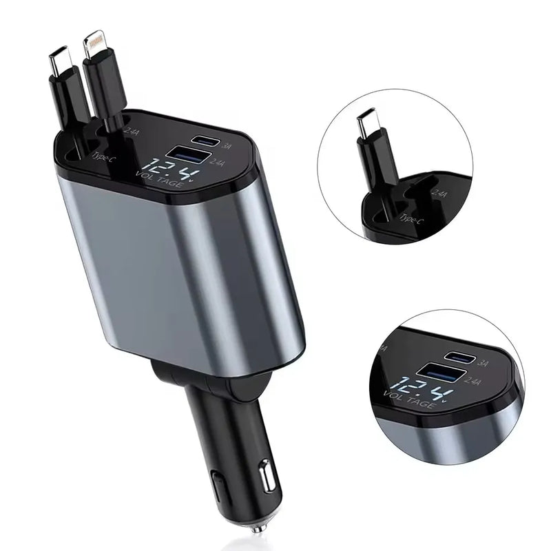 Cargador de coche retráctil de 66W con cables integrados
