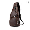 A brown men's crossbody sling bag made of water-resistant nylon with a visible USB port.