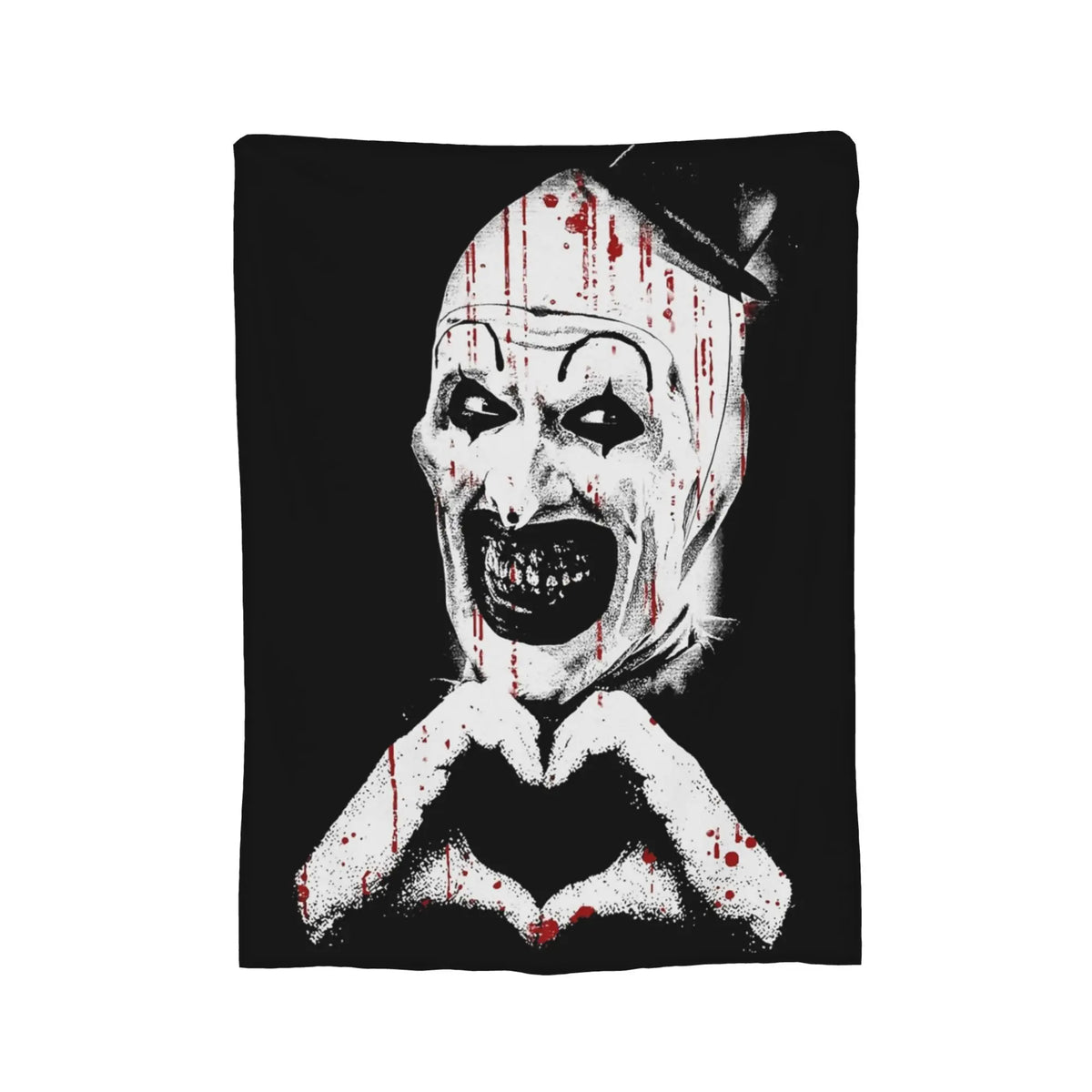 A black and white illustration of a clown face with blood splatters on a coral fleece throw blanket.