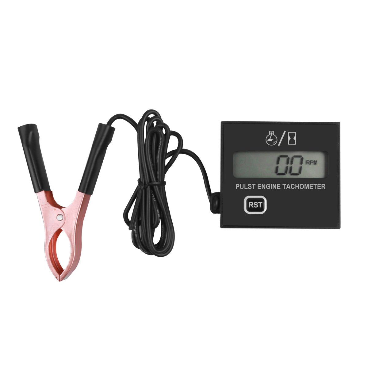 A black digital pulse engine tachometer with an RST button and a pink clamp is shown.