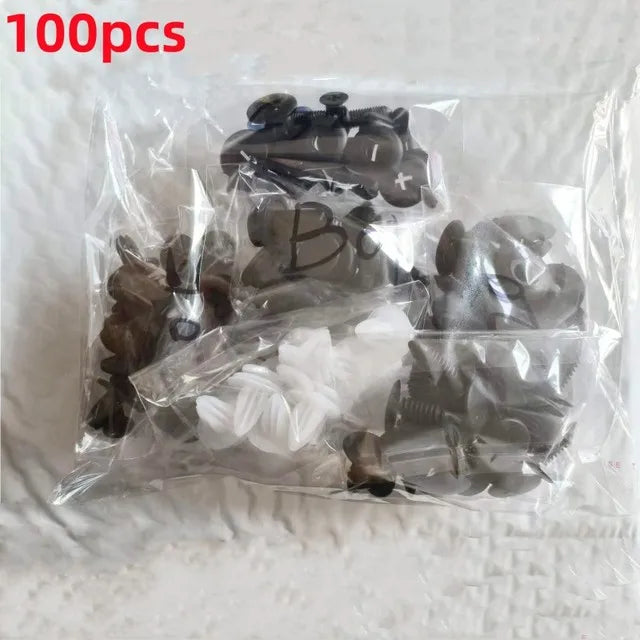 A clear plastic bag containing 100 pieces of universal auto trim panel retainer clips.