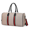 A beige and black quilted travel tote bag with green and red stripes.