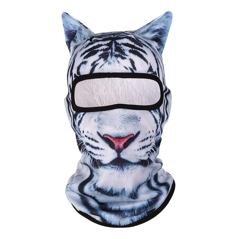 Schwarz-weißes Tigergesicht-Balaclava, das Kopf und Hals bedeckt.