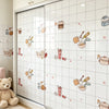 White tile contact paper featuring cute food and kitchen items like cakes, spoons, and drinks on a glossy surface.
