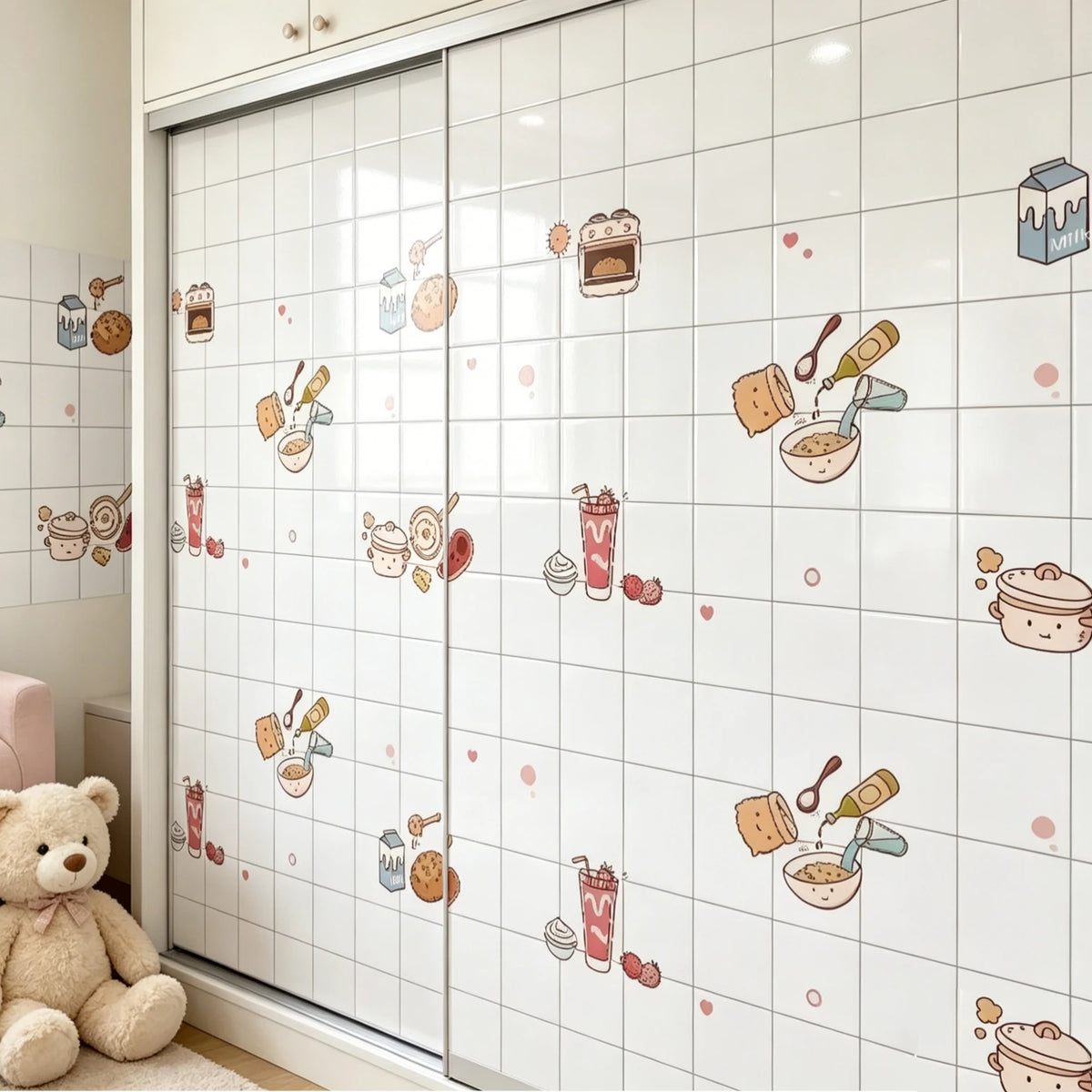 White tile contact paper featuring cute food and kitchen items like cakes, spoons, and drinks on a glossy surface.