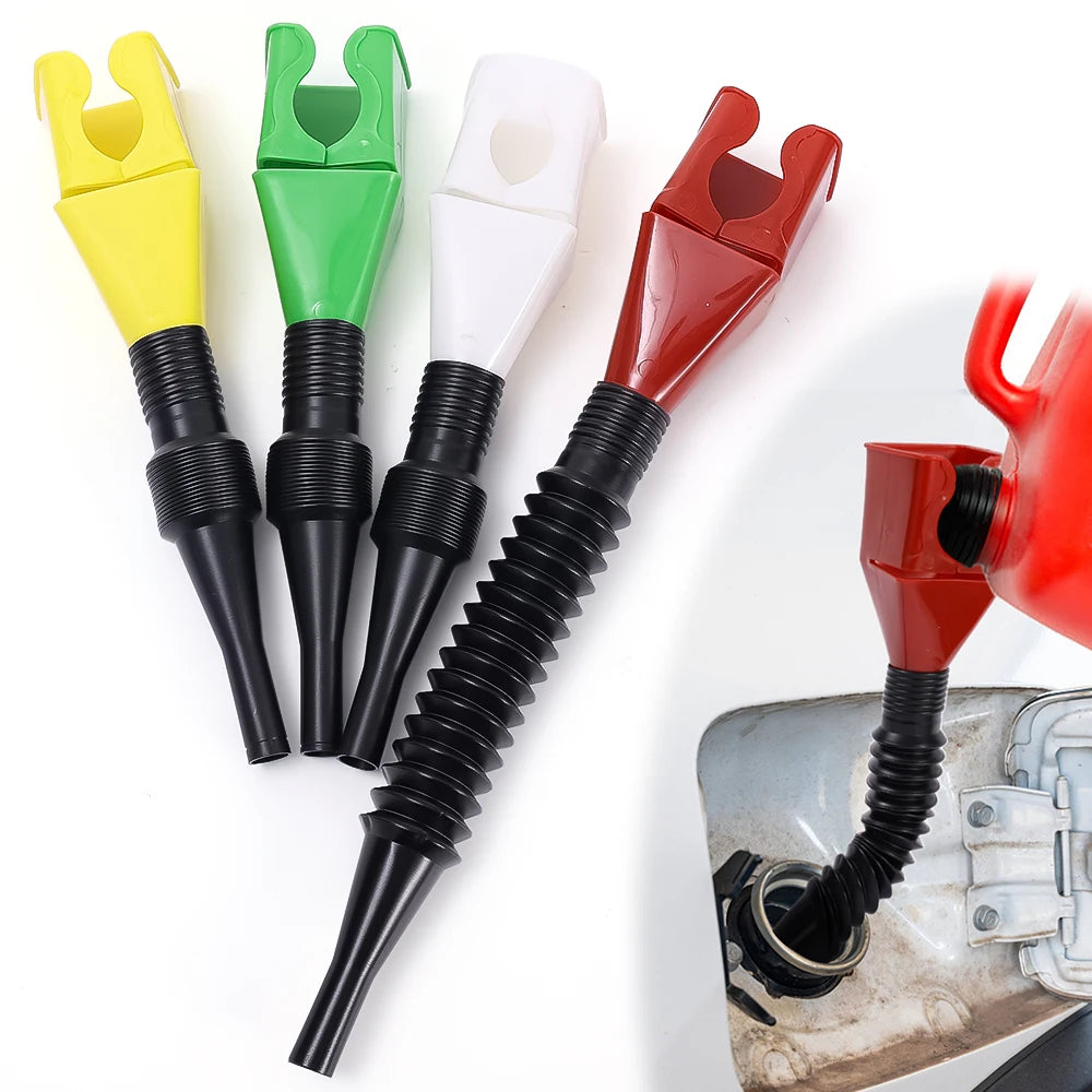 Collection de trémies colorées pour transférer de l'huile de voiture et de moteur, jaunes, vertes, blanches et rouges, sur fo