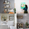 A gallery wall display featuring framed art and a large mirror on a gray wall.