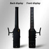 Side-by-side view of a black silent electric acoustic guitar with active pickups showing the back and front displays.