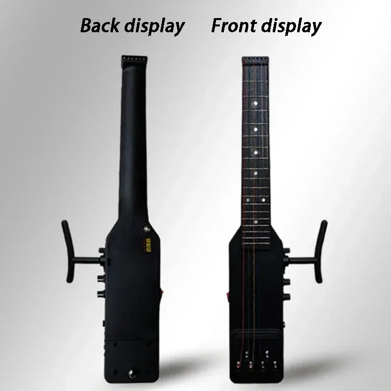 Side-by-side view of a black silent electric acoustic guitar with active pickups showing the back and front displays.
