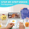 A set of beginner crochet kits showing finished yellow and orange crocheted animals with step-by-step instructions.