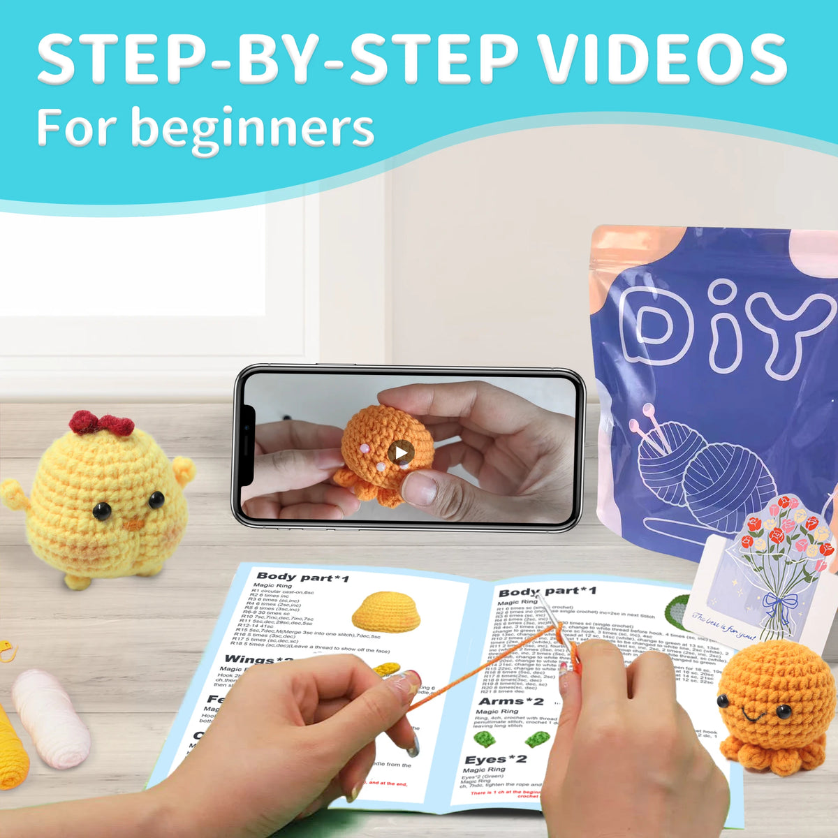 A set of beginner crochet kits showing finished yellow and orange crocheted animals with step-by-step instructions.