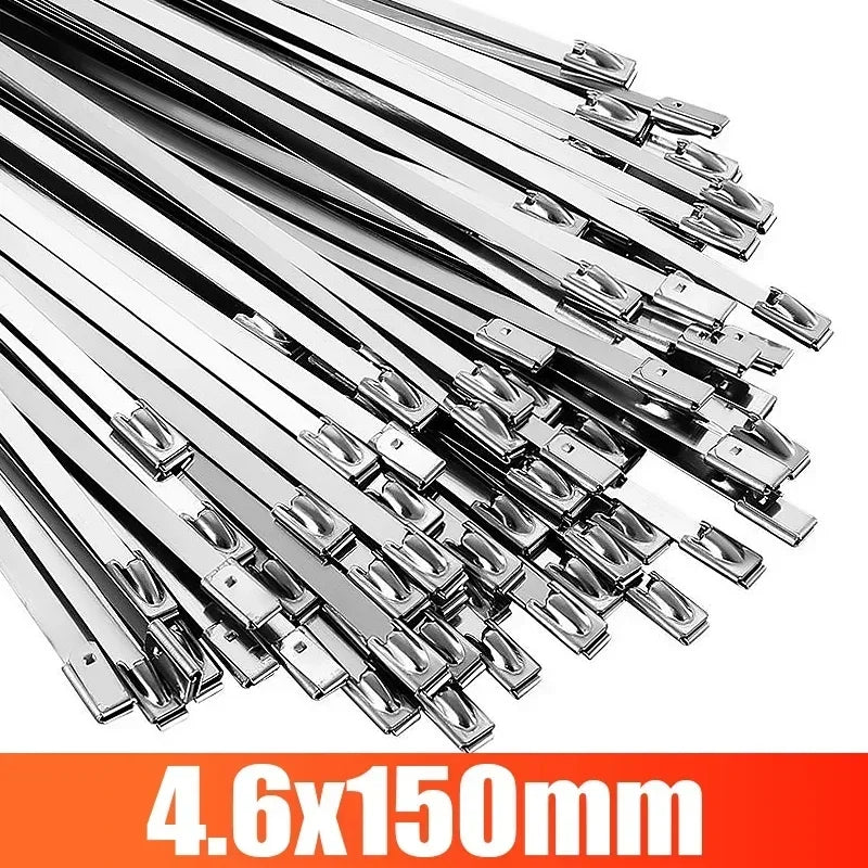A close-up view of multiple heavy-duty stainless steel cable ties with 4.6x150mm size.