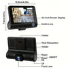A black dash cam device showing various components including a screen display, lens, and mounting holders.