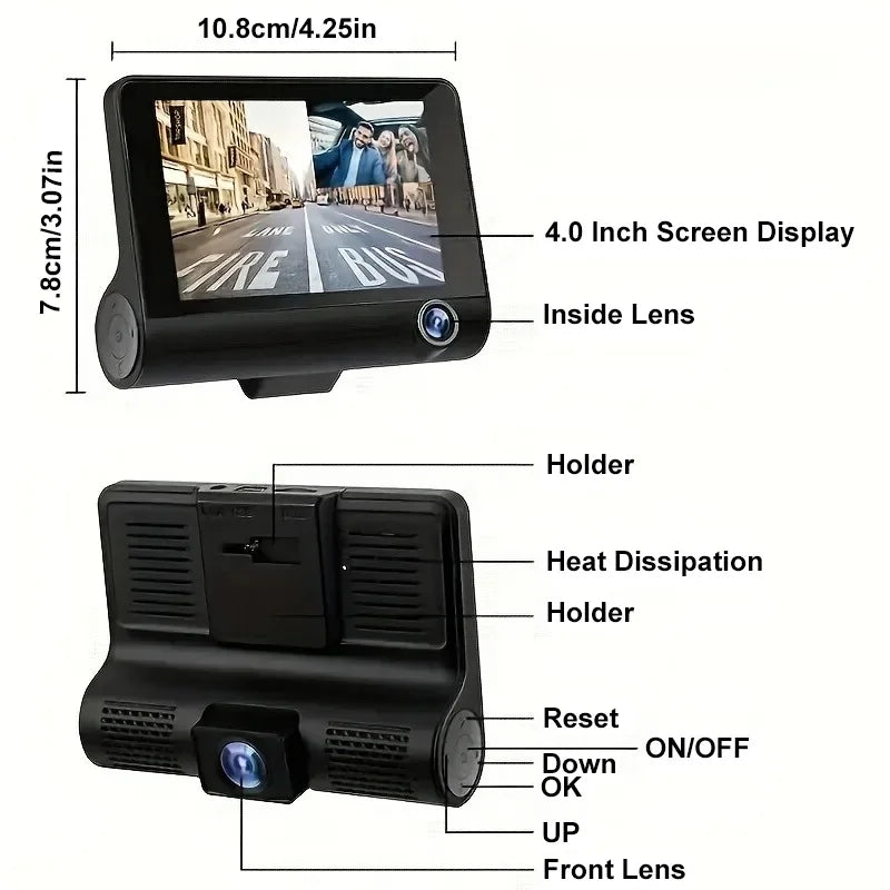 A black dash cam device showing various components including a screen display, lens, and mounting holders.