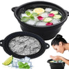 A black silicone ice bath bowl filled with ice cubes, lime slices, and mint leaves, shown alongside a flat black bowl of crus