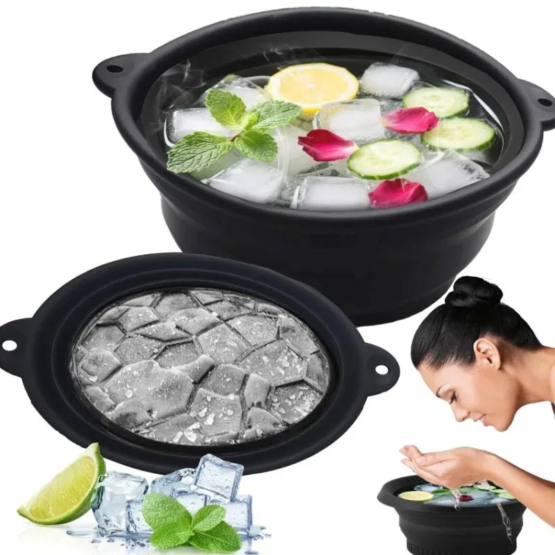 A black silicone ice bath bowl filled with ice cubes, lime slices, and mint leaves, shown alongside a flat black bowl of crus