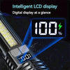 Close-up of a high-power LED flashlight displaying a digital LCD screen showing 100% battery life.