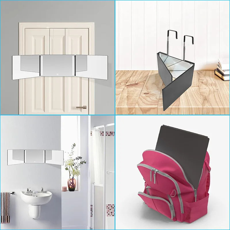 A trifold LED haircut mirror is shown mounted on a door and a pink storage pouch.