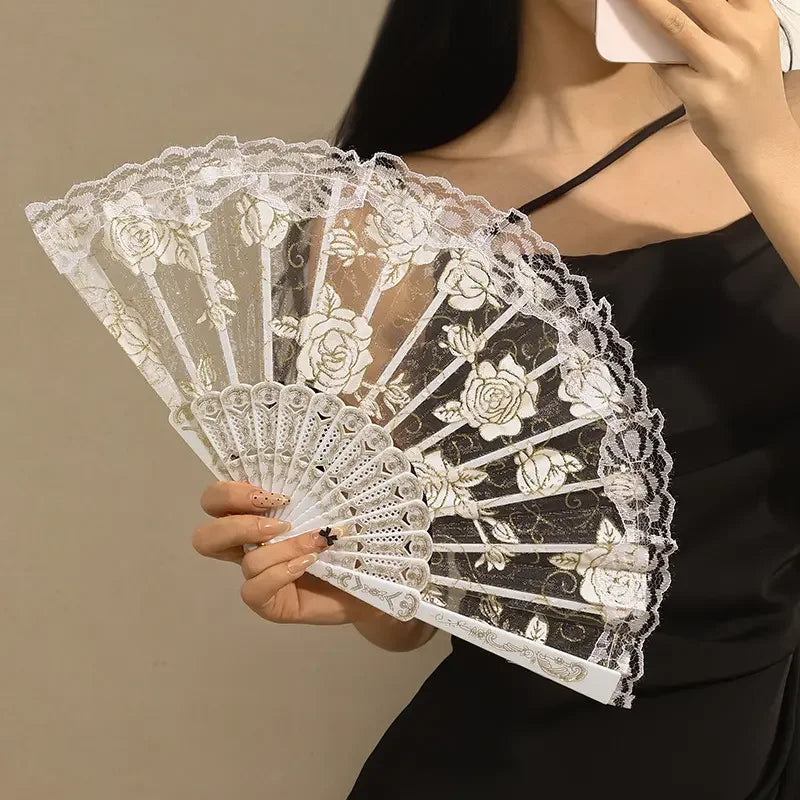Elegant Lace Fabric Hand Fan with Floral Design