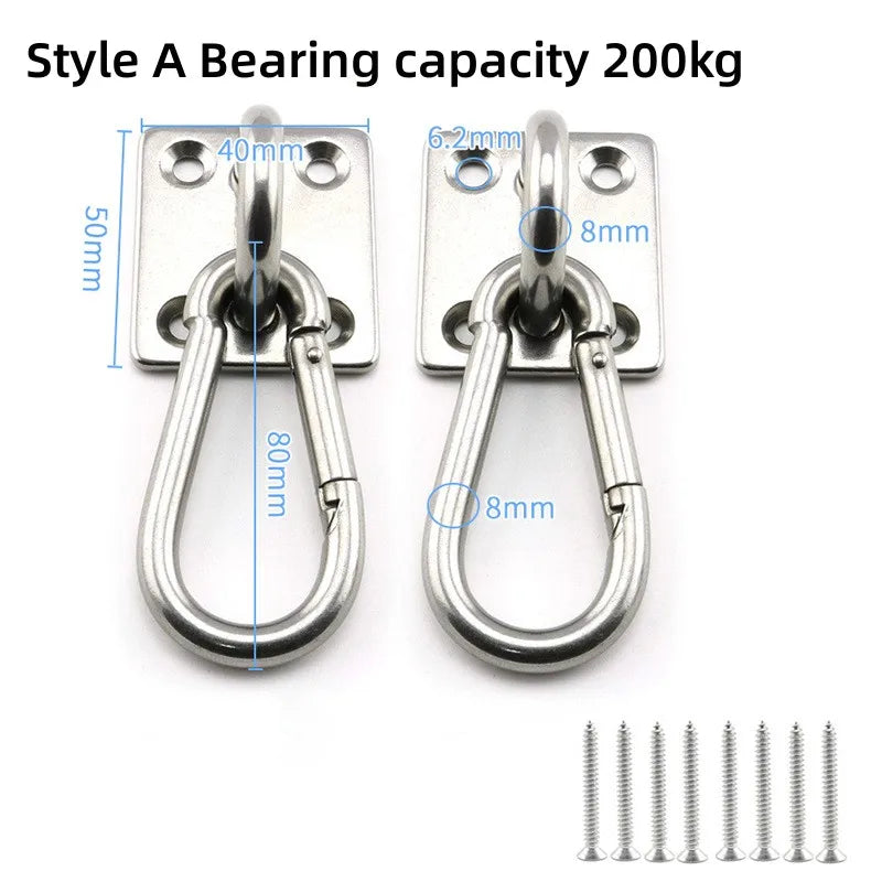 A pair of Style A bearing capacity 200kg stainless steel hanging brackets and chains with various measurements.