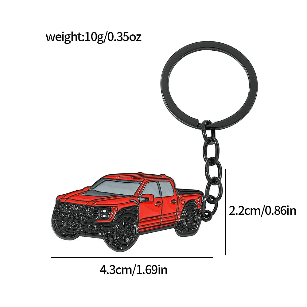 Red Ford Bronco zinc alloy keychain with a black split ring and dimensions 4.3cm long