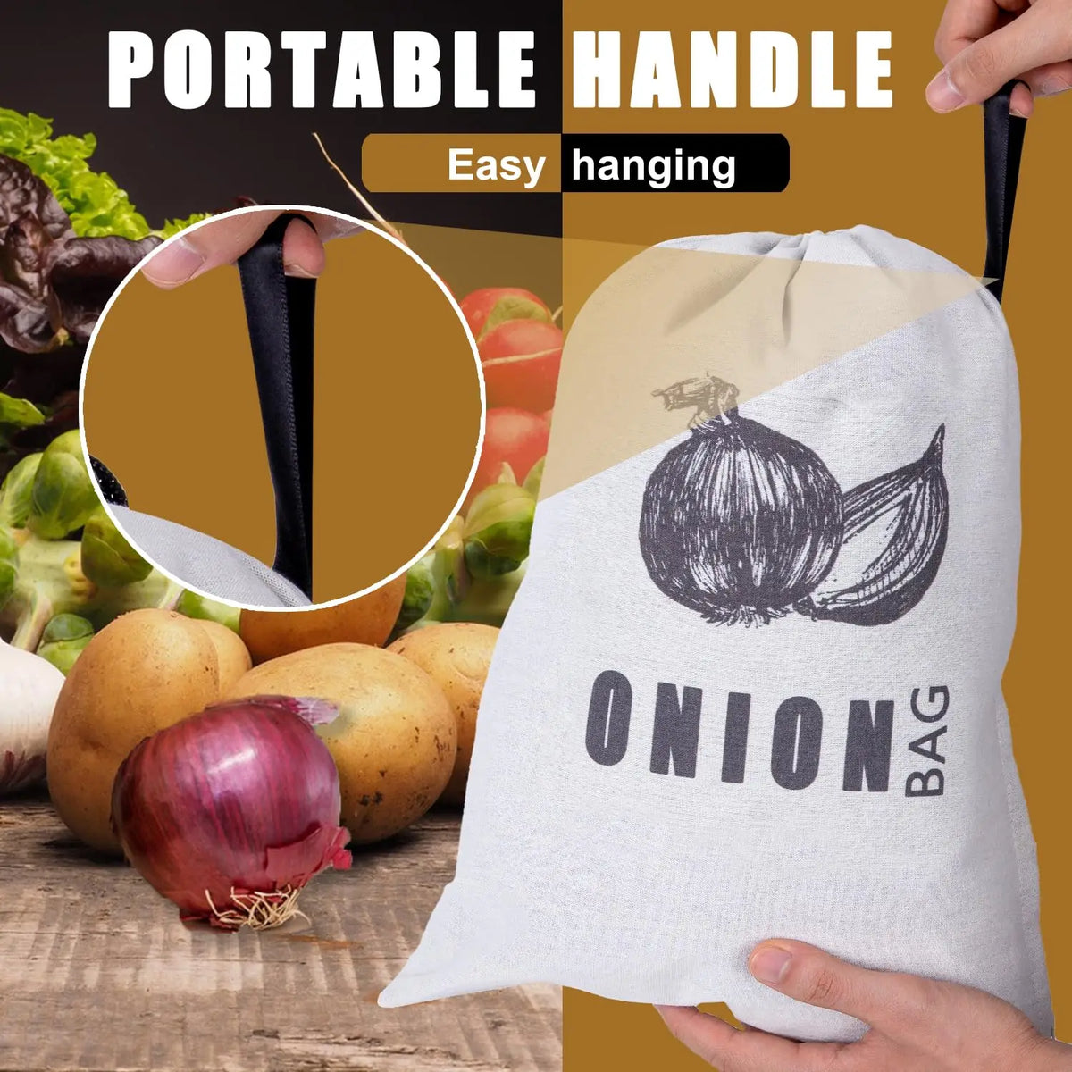 Large Drawstring Canvas Storage Bags with Side Zipper for Vegetables and Fruits