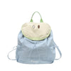 Light blue nylon messenger bag with a pale yellow pouch and green straps