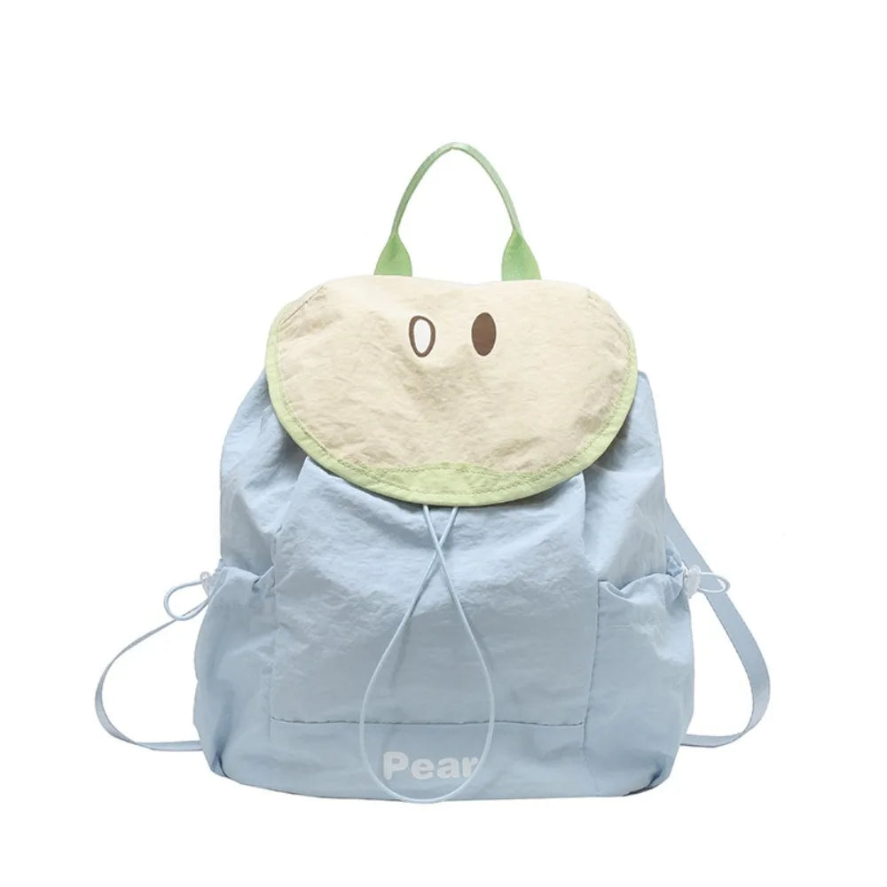 Light blue nylon messenger bag with a pale yellow pouch and green straps